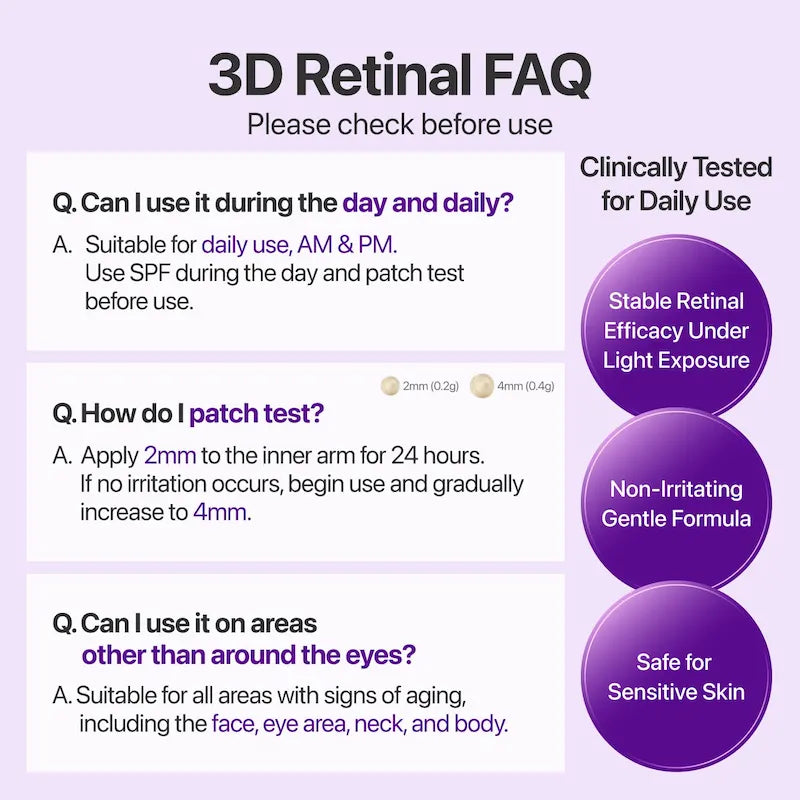 Gebruiksinformatie voor Numbuzin No.9 NAD+ Retinal Volumetox Eye Cream over dagelijks gebruik, SPF en een huidtest.