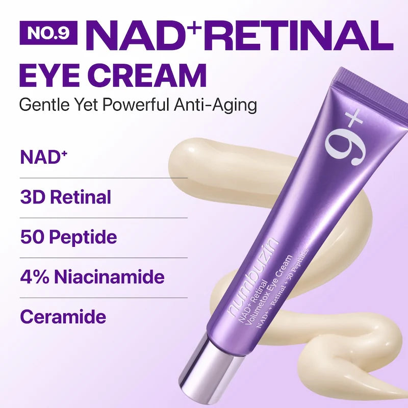 Numbuzin No.9 NAD+ Retinal Volumetox Eye Cream met ingrediëntenoverzicht van NAD+, retinal, 50 peptiden, niacinamide en ceramide.