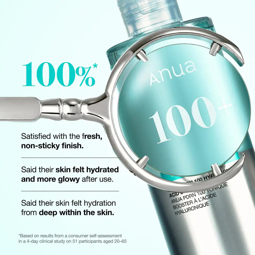 Anua PDRN 100 Hyaluronic Acid Booster Toner Turquoise tonerfles in vergrootglas, met doorzichtige dop