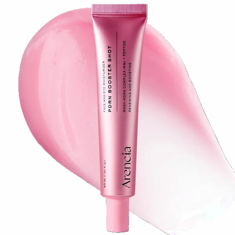 Arencia PDRN Booster Shot 30ml – roze tube op witte achtergrond met textuurswipe