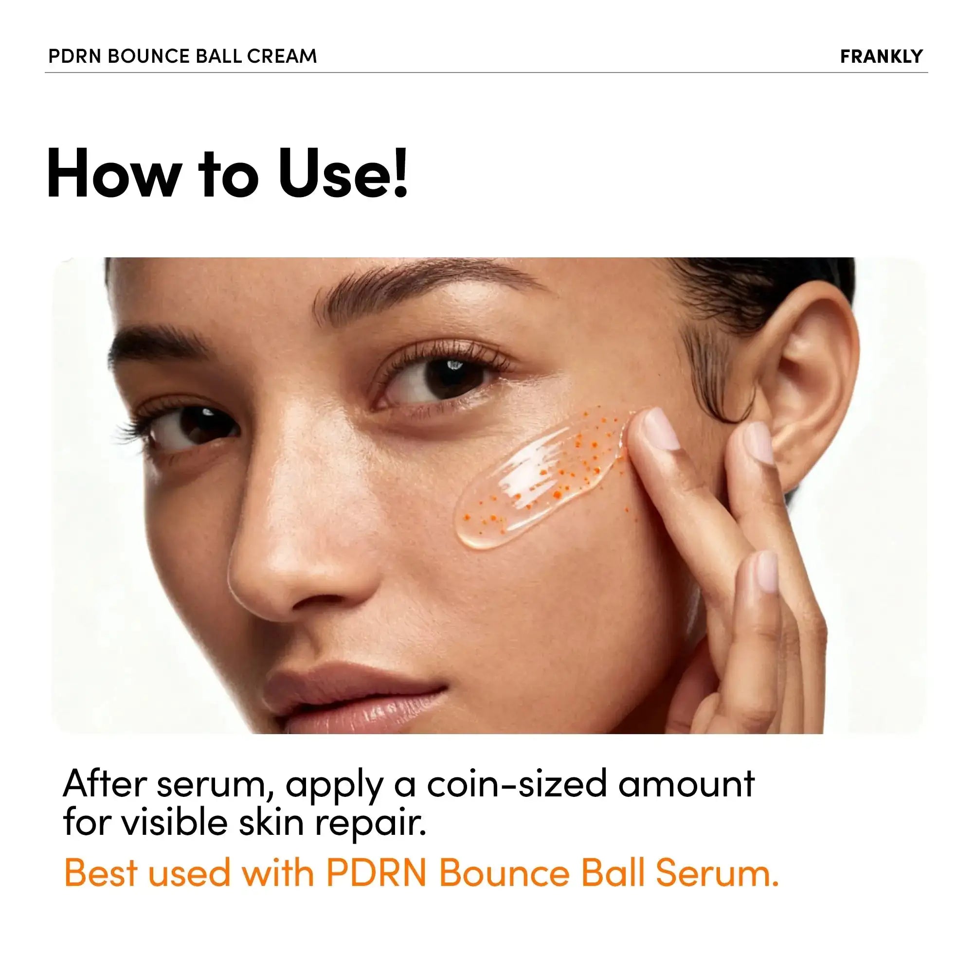 FRANKLY PDRN Bounce Ball Serum Gezicht met zichtbare serumstipjes op wang en neus, hand bij de applicatie