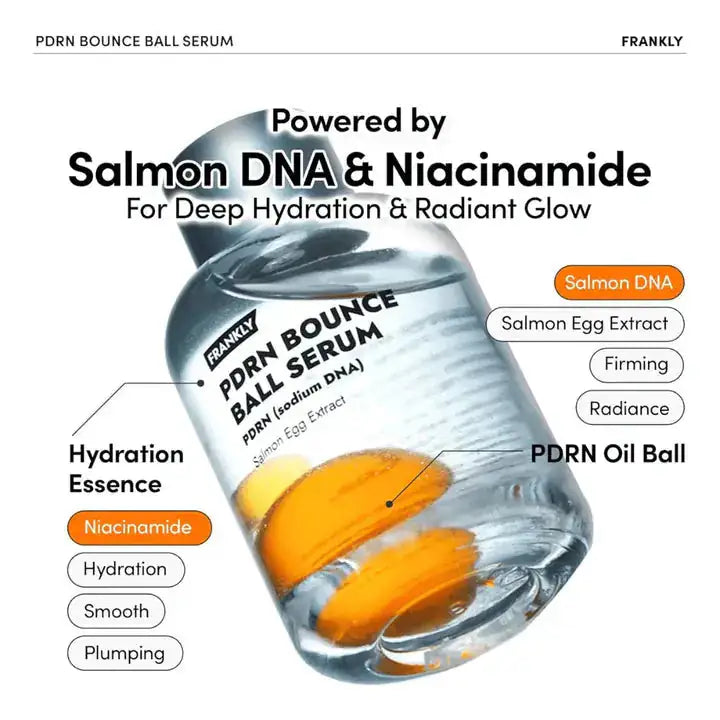 FRANKLY PDRN Bounce Ball Serum Schuin gepresenteerde serumfles met oranje serumvloeistof in doorzichtige verpakking
