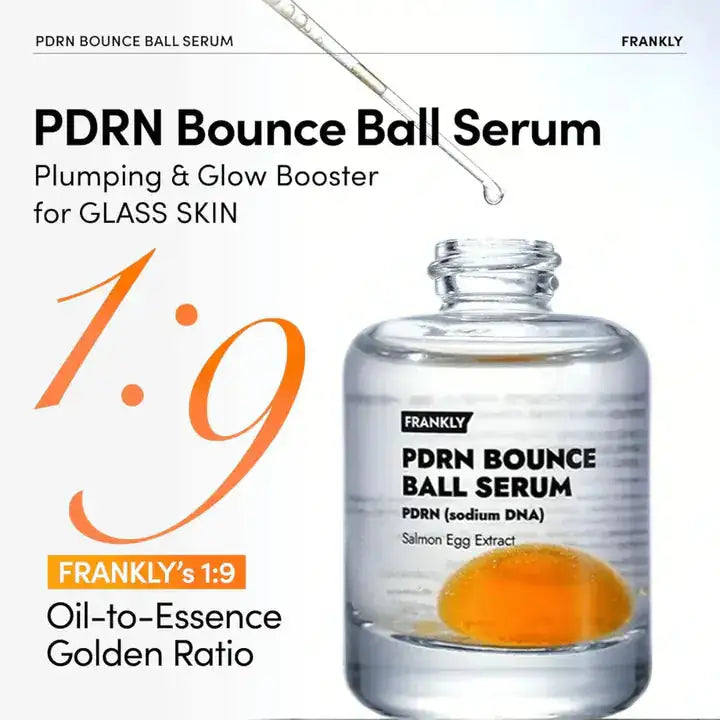 FRANKLY PDRN Bounce Ball Serum Serumfles met oranje kern en een druppel die uit de dop valt