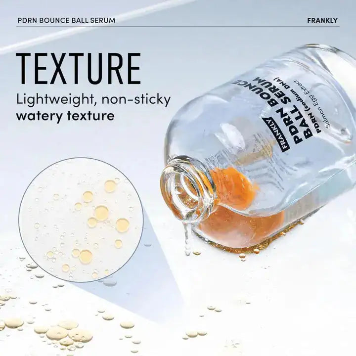 FRANKLY PDRN Bounce Ball Serum Close-up serumfles met oranje druppel en waterdruppels rond de verpakking