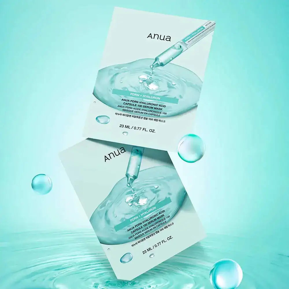 Anua PDRN Hyaluronic Acid Capsule 100 Serum Mask Anua hyaluronzuur serum-masker met twee verpakkingen en druppelvormige capsules.