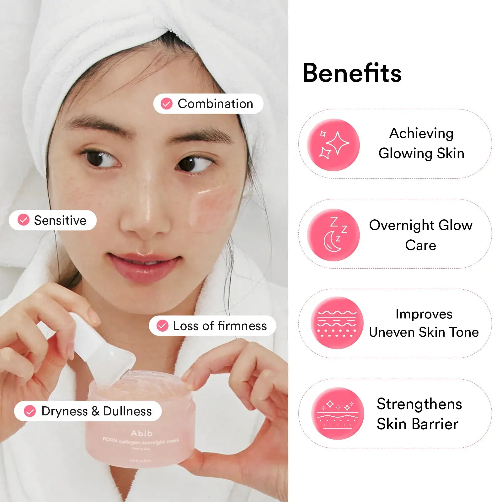 Abib PDRN collagen overnight mask Firming jelly Roze gel op gezicht tijdens het aanbrengen van een overnight mask