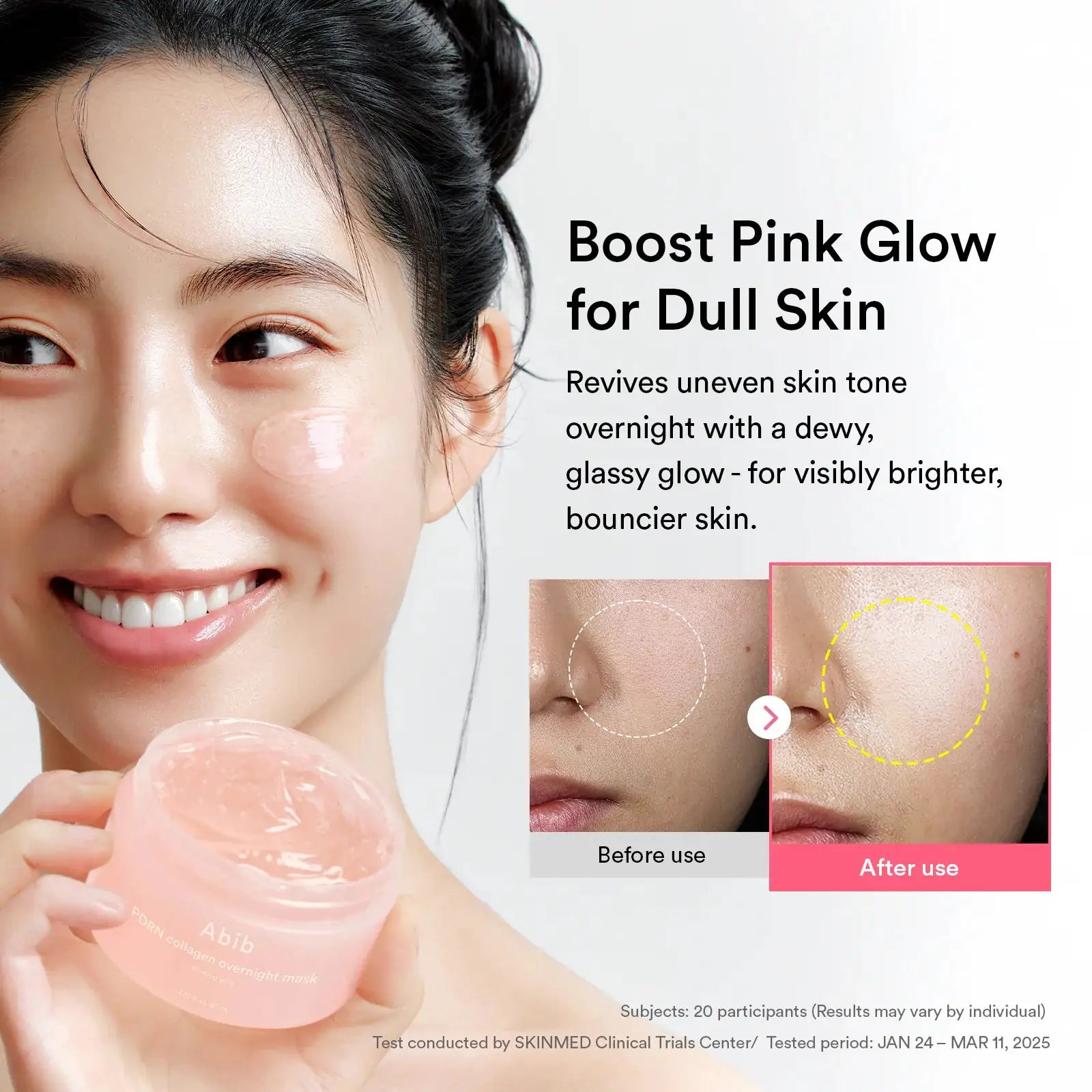 Abib PDRN collagen overnight mask Firming jelly Roze gel op gezicht en Abib pot met overnight mask
