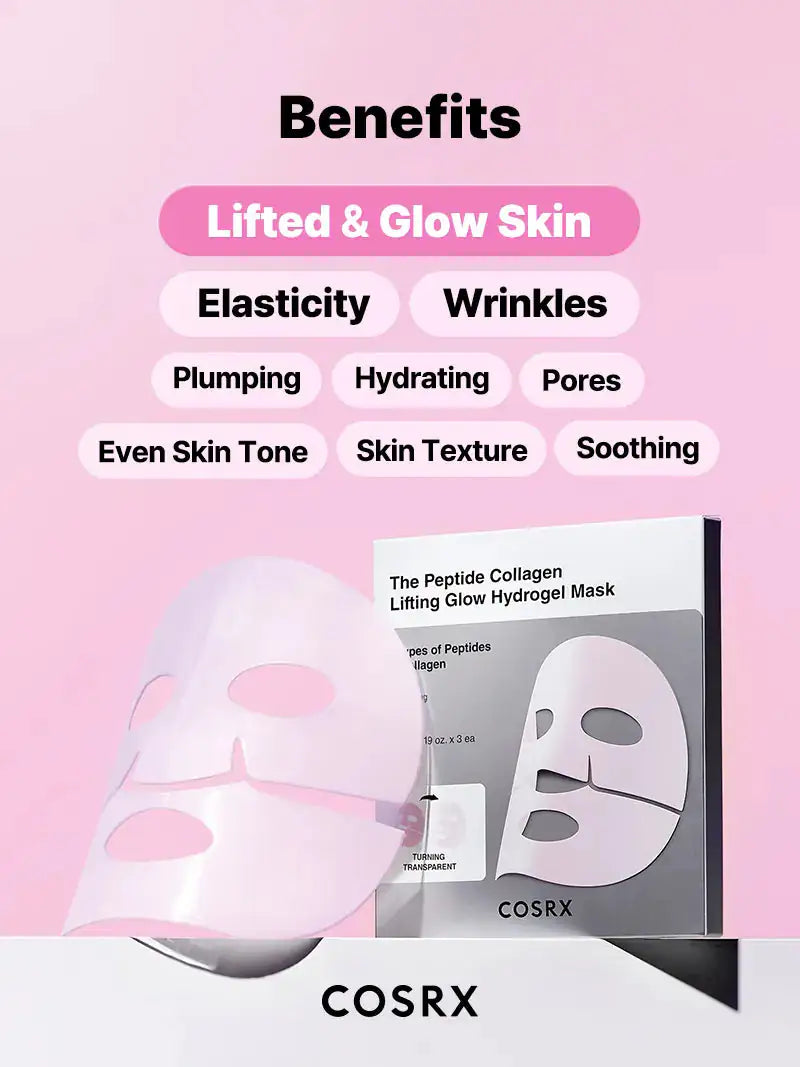 COSRX hydrogel gezichtsmasker verpakking met illustratie van masker op handpalmen