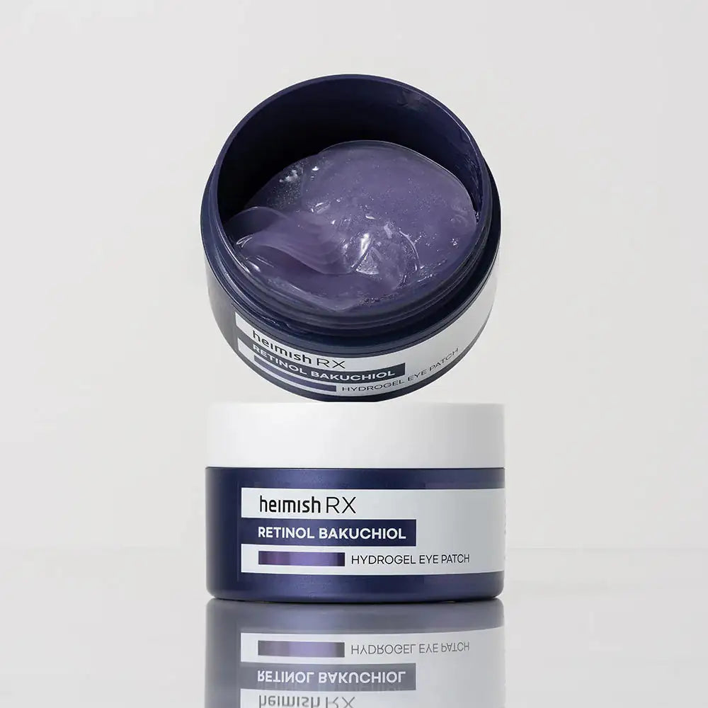 Pot met hydrogel oogpatches van HeimishRX, open deksel met lila gel
