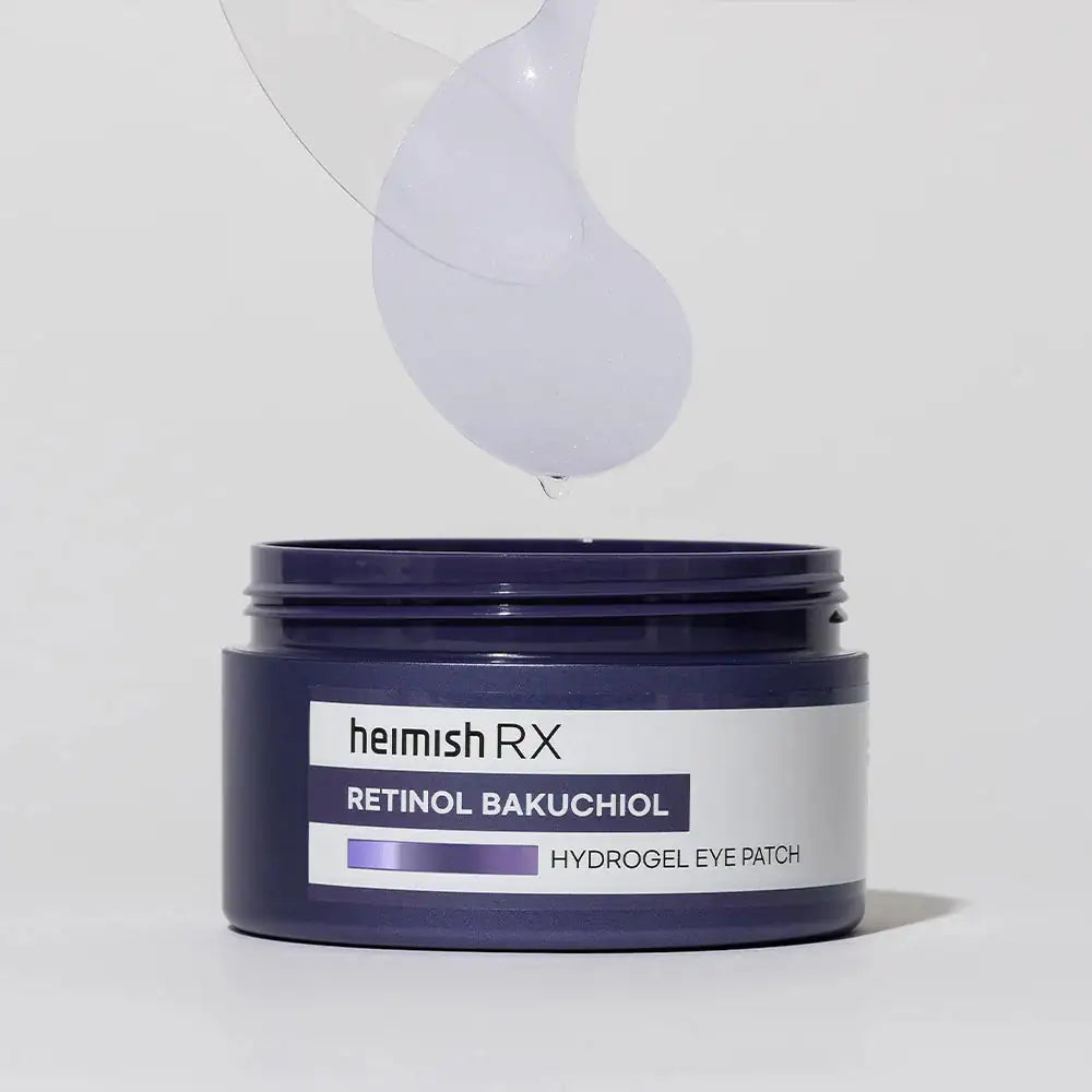 Pot met hydrogel oogpatches en twee paarse, druppelvormige oogpatches