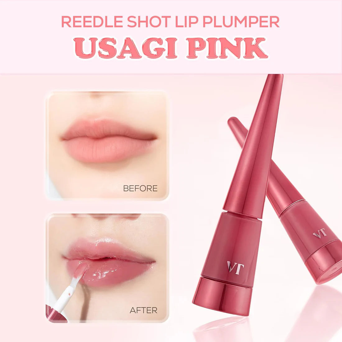 VT Cosmetics Reedle Shot Lip Plumper Usagi Pink voor en na - instant plumping effect en volume boost