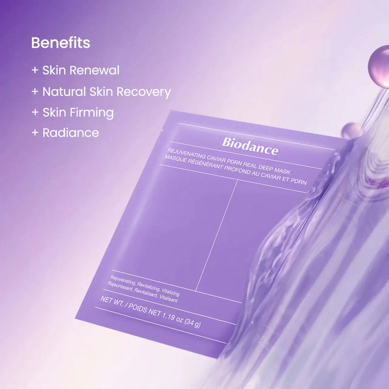 Biodance caviar PDRN deep mask, paarse verpakking in schuine hoek