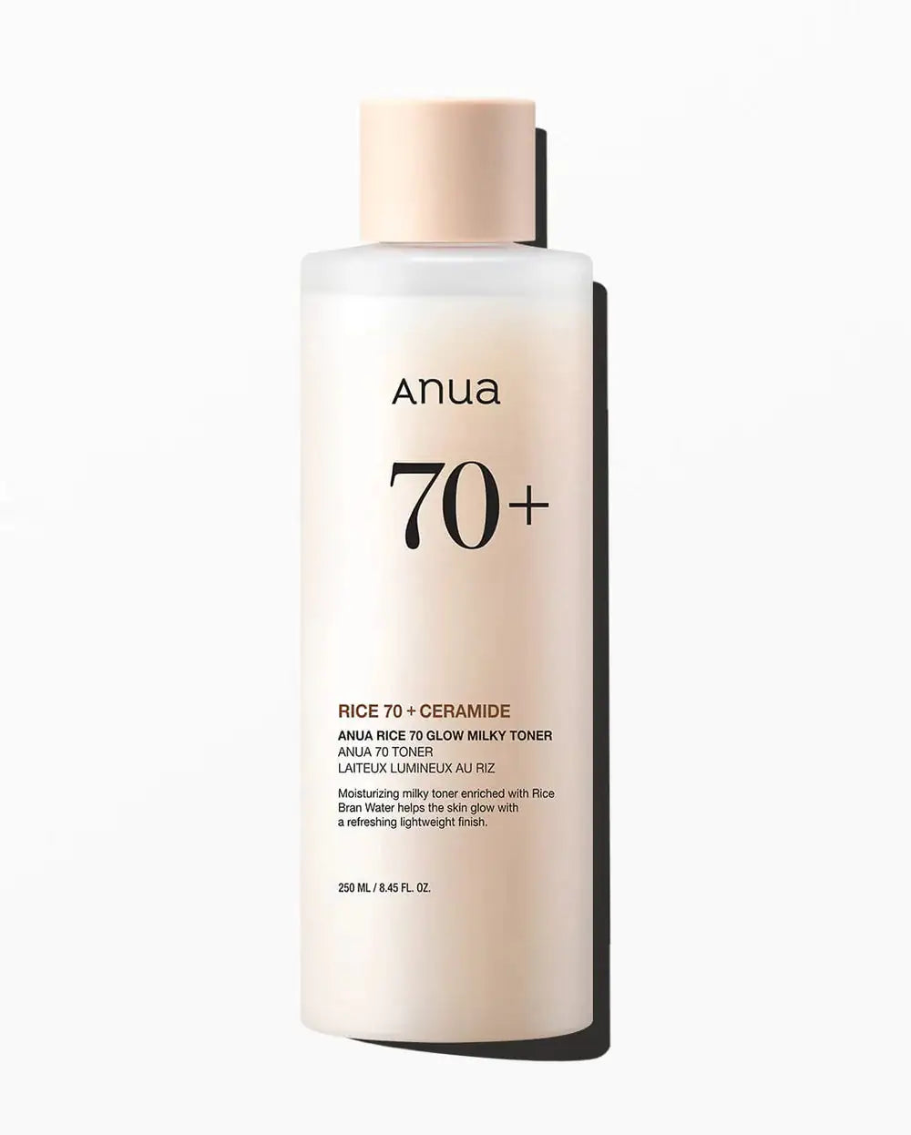 Anua Rice 70 Glow Milky Toner Melkachtige tonerfles Anua 70+ met beige dop en lichtgekleurde fles