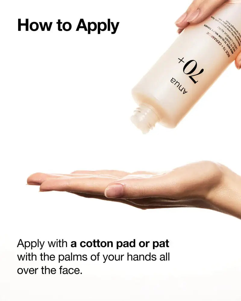 Anua Rice 70 Glow Milky Toner Melkachtige toner Anua 70+ op handpalmen, romige druppels