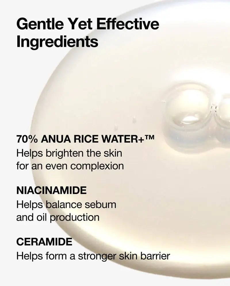 Anua Rice 70 Glow Milky Toner Melkachtige toner-druppel met Anua 70+ en ingrediënten, zachte romige textuur
