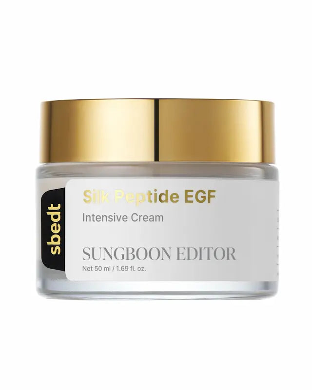 SUNGBOON EDITOR Silk Peptide EGF Intensive Cream 50 ml in een pot met gouden deksel.