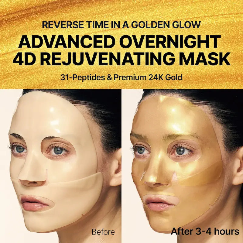 Before/after SUNGBOON EDITOR Gold Mask before en after 3-4 uur – zichtbare goudtransformatie op de huid met 31 peptiden en premium 24K goud

