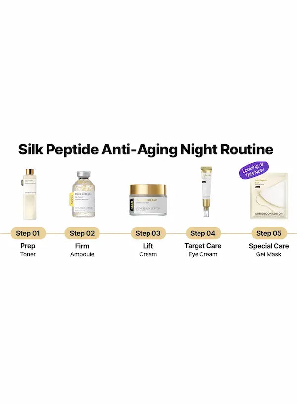 SUNGBOON EDITOR Silk Peptide Anti-Aging Night Routine – 5 stappen met toner, ampoule, crème, oogcrème en gel masker