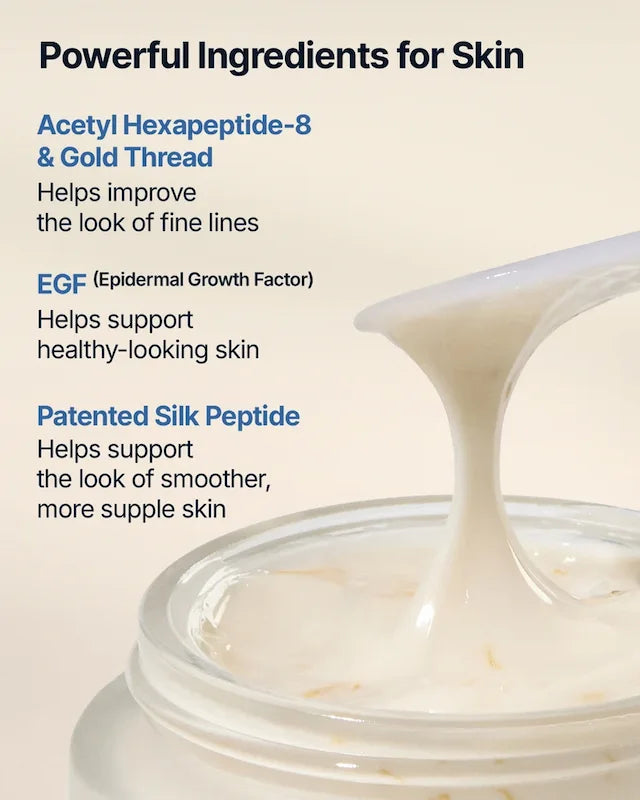 Ingrediëntenoverzicht van SUNGBOON EDITOR Silk Peptide EGF Intensive Cream met EGF, zijdepeptiden en Acetyl Hexapeptide-8.