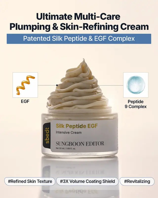 Open pot SUNGBOON EDITOR Silk Peptide EGF Intensive Cream met romige textuur en informatie over EGF en het peptidencomplex.