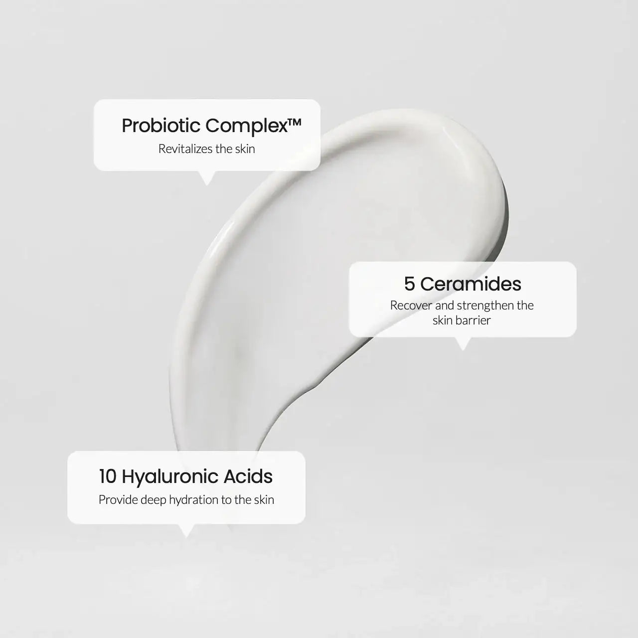 Witte crème gel met callouts over probiotic complex, ceramiden en hyaluronzuur