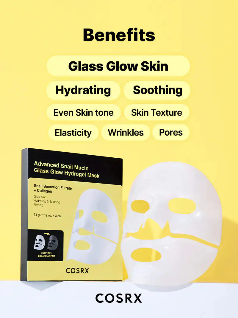 COSRX hydrogel gezichtsmasker, wit maskerscherm en kartonnen doos