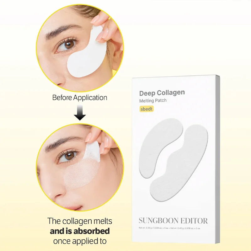 Voor-en-na-overzicht van een patch onder het oog, naast de verpakking van Sungboon Editor Deep Collagen Melting Patch.