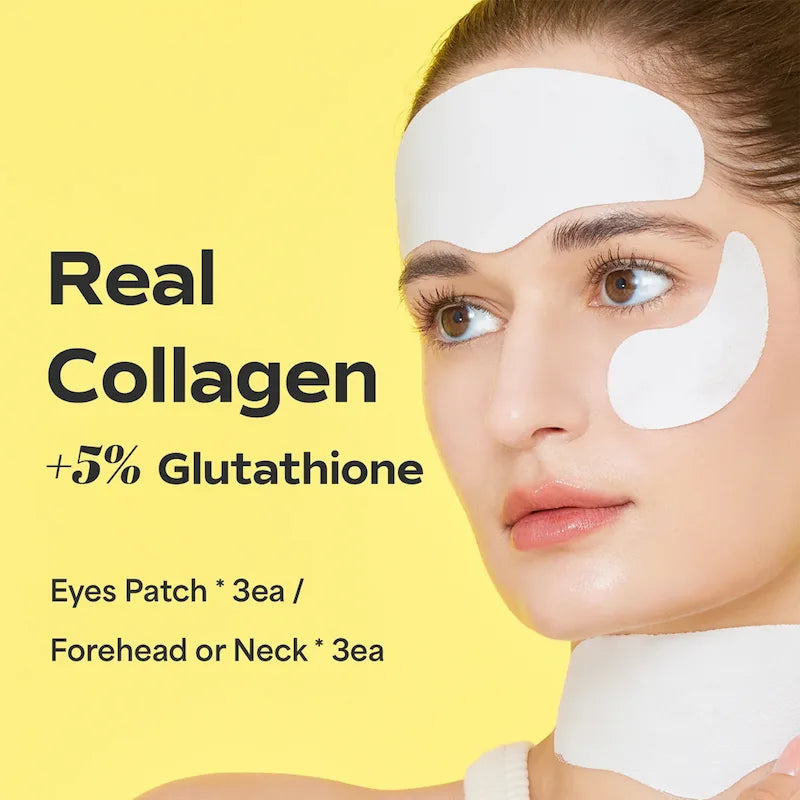 Model met witte collagen patches op het voorhoofd, onder het oog en in de hals tegen een gele achtergrond.