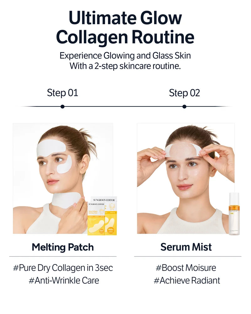 Tweestappenoverzicht met de Deep Collagen Melting Patch en een serum mist.