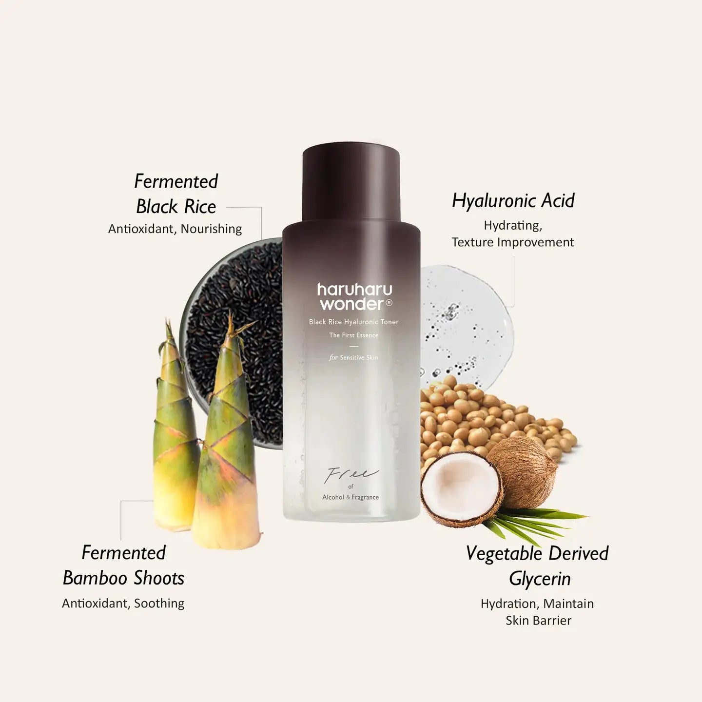 Haruharu WONDER Black Rice Hyaluronic Toner - Free of Alcohol & Fragrance HaruHaru Wonder tonerflesje met ingrediëntenillustraties: rijst, bamboescheuten, glicerine