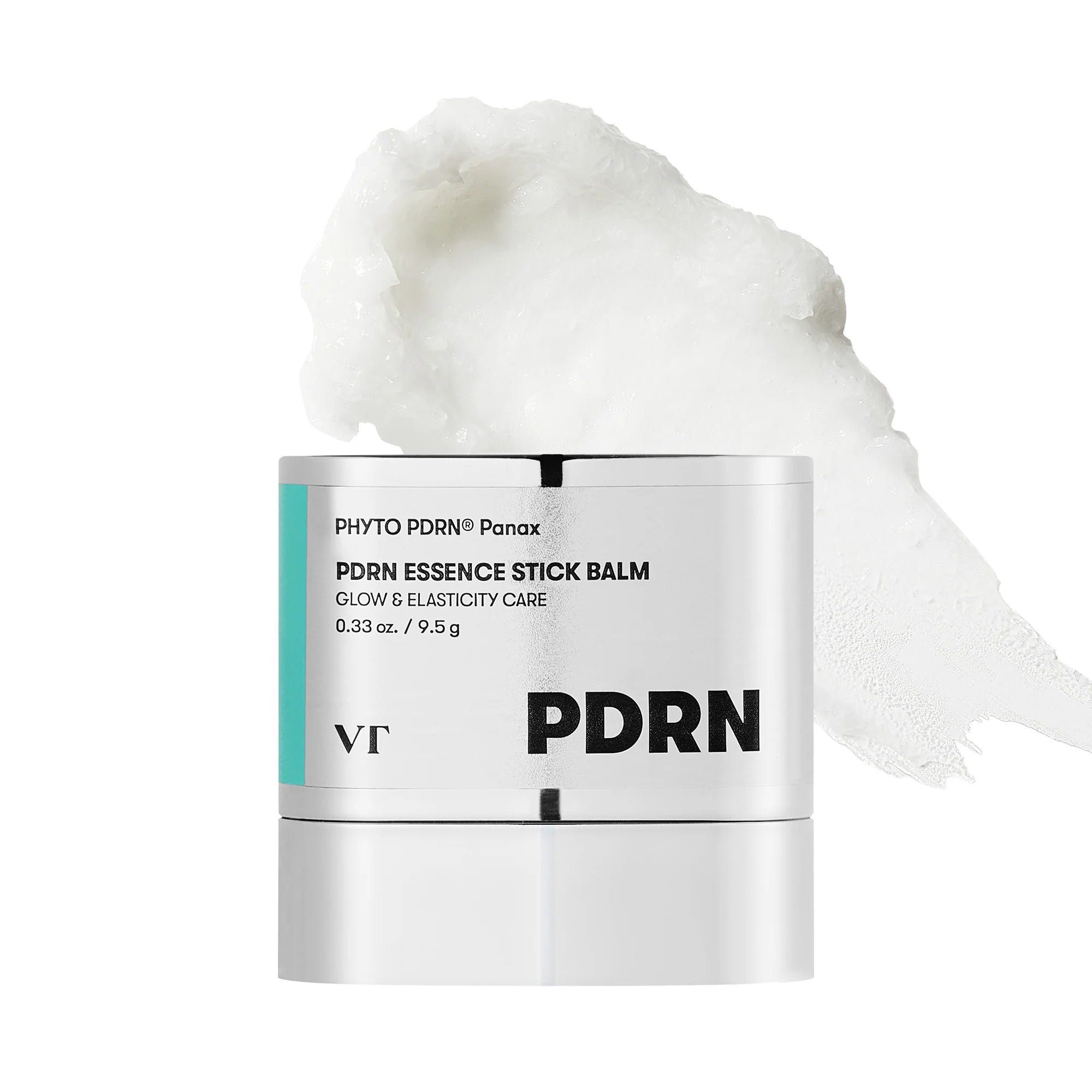 VT Cosmetics PDRN Essence Stick Balm in glanzende zilveren verpakking met witte balm en een swipe van de producttextuur ernaast.
