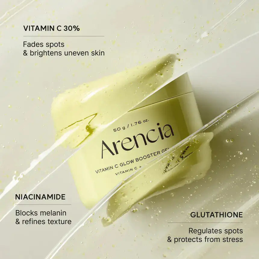 ARENCIA Vitamin C Glow Booster Gel Cream Arencia vitamine C glow gelcrème potje met uitstrijking van lichtgele gel