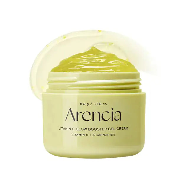 ARENCIA Vitamin C Glow Booster Gel Cream Arencia vitamine C glow gelcrème in open potje met gladde lichtgele gel (50 g)