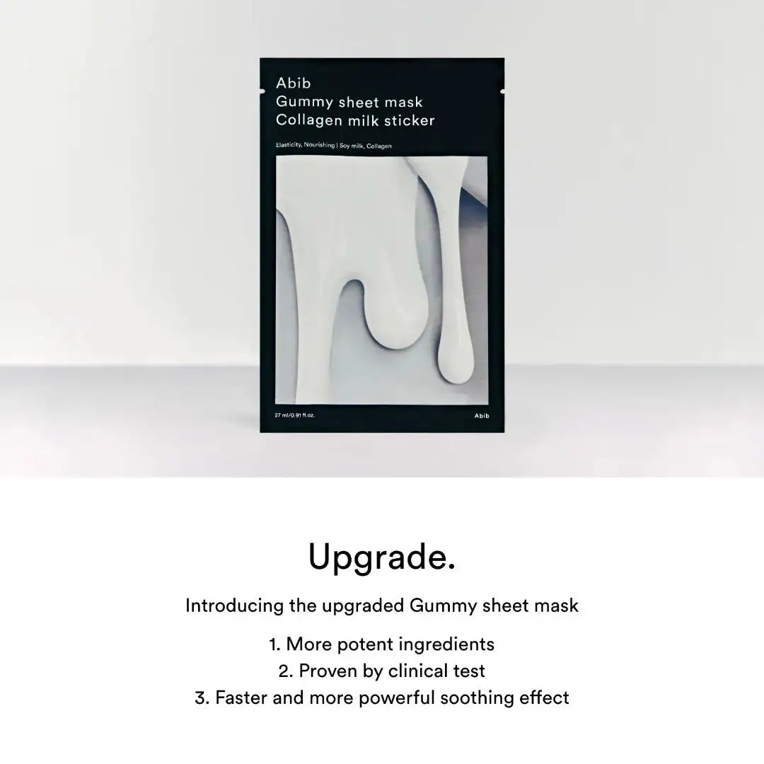 Abib Gummy Sheet Mask Collagen milk sticker Informatieslide 'Upgrade' met verpakking van collageen milk gummy sheet mask