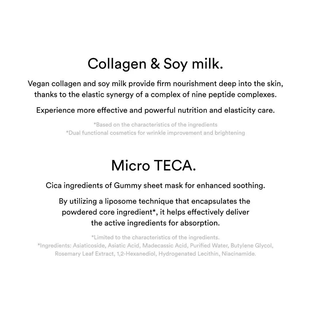 Abib Gummy Sheet Mask Collagen milk sticker Productinformatiekaart met tekst 'Collagen & Soy milk' en uitleg