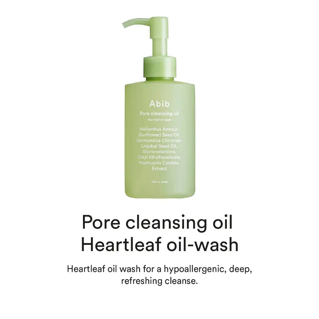 Abib Pore cleansing oil Heartleaf oil-wash Abib poriënreinigende olie met hartblad, compacte groene pompfles.