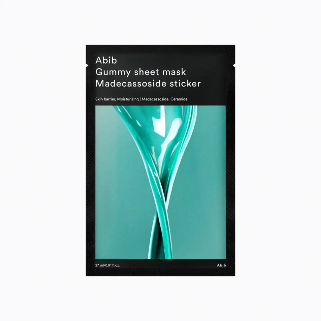 Abib Gummy sheet mask Madecassoside sticker Gummy sheet mask verpakking met Abib-logo en groen/blauwe gelillustratie