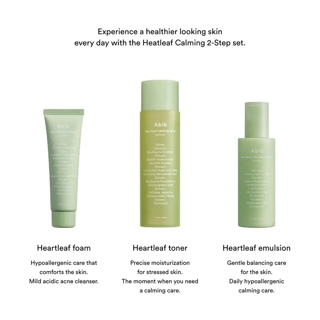 Abib Heartleaf Calming 2-Step Set Drie groene huidverzorgingsproducten: tube, tonerfles en emulsionfles
