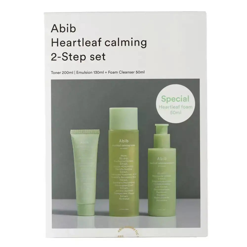 Abib Heartleaf Calming 2-Step Set Verpakte huidverzorgingsset met drie groene flacons en een tube
