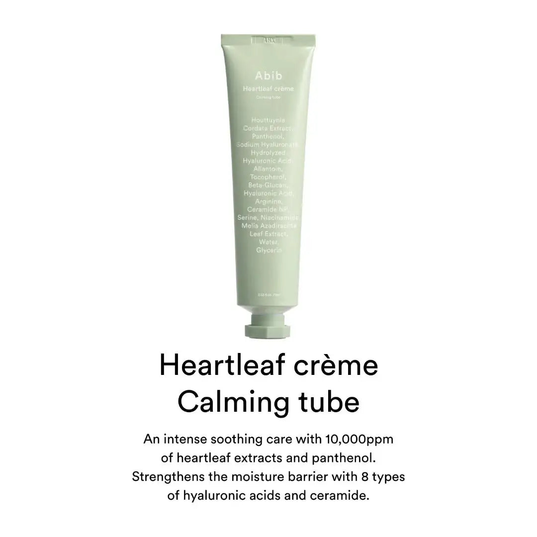 Abib Heartleaf creme Calming Tube Abib Heartleaf crème kalmerende tube, staande groene tube met dop