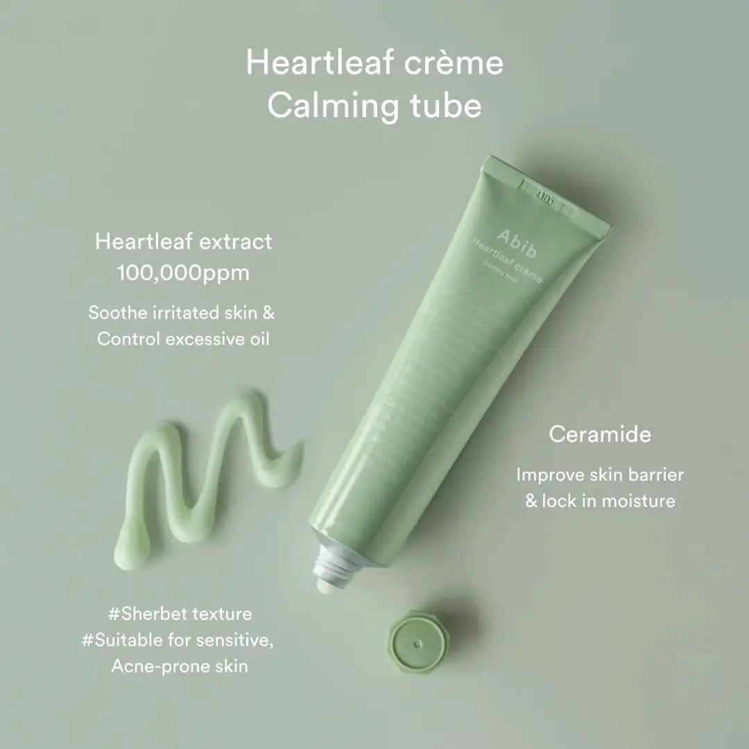 Abib Heartleaf creme Calming Tube Abib Heartleaf crème kalmerende tube met dop en crème-uitstrijk aan zijkant