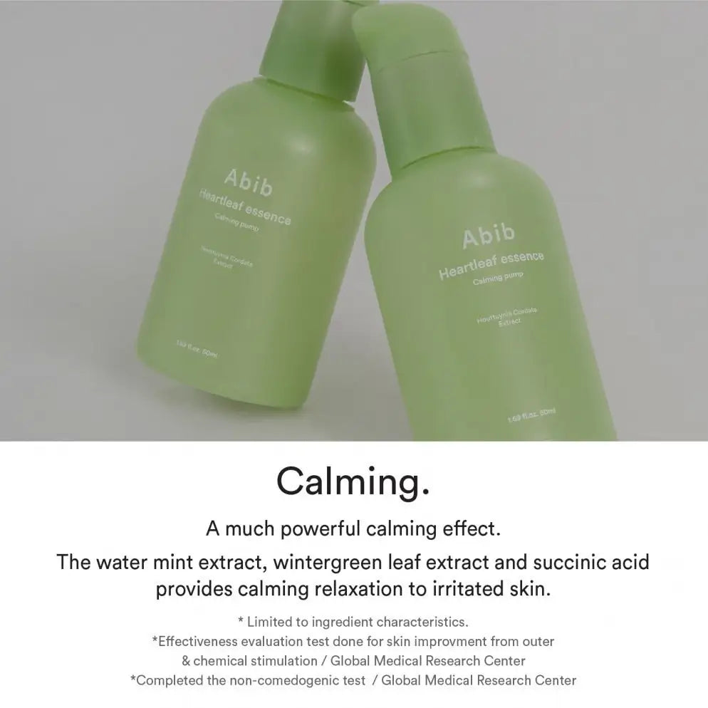 Abib Heartleaf Essence Calming Pump Set van 2 lichtgroene pompflacons met opdruk, Abib essence