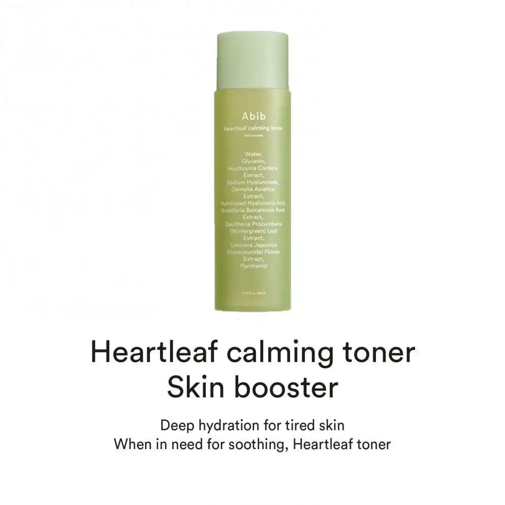 Abib Heartleaf Calming Toner Skin Booster Groene Abib tonerfles met dop, staand formaat
