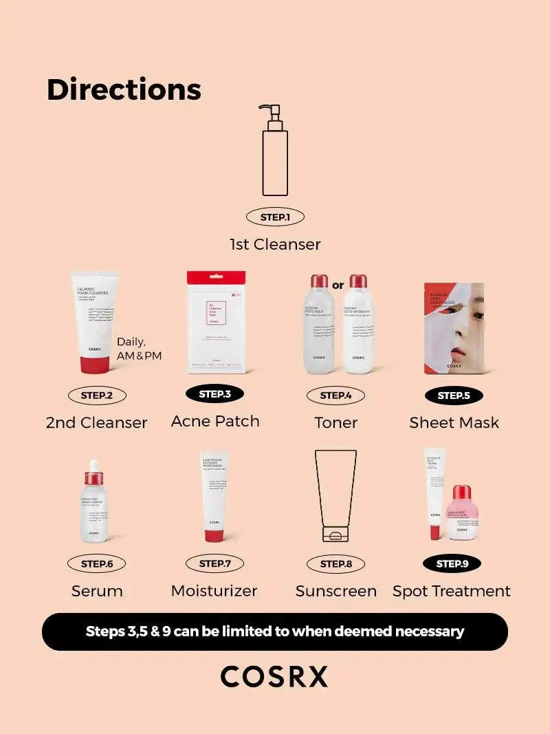 Reinigingsstappen met Cosrx flacons, tube en serum