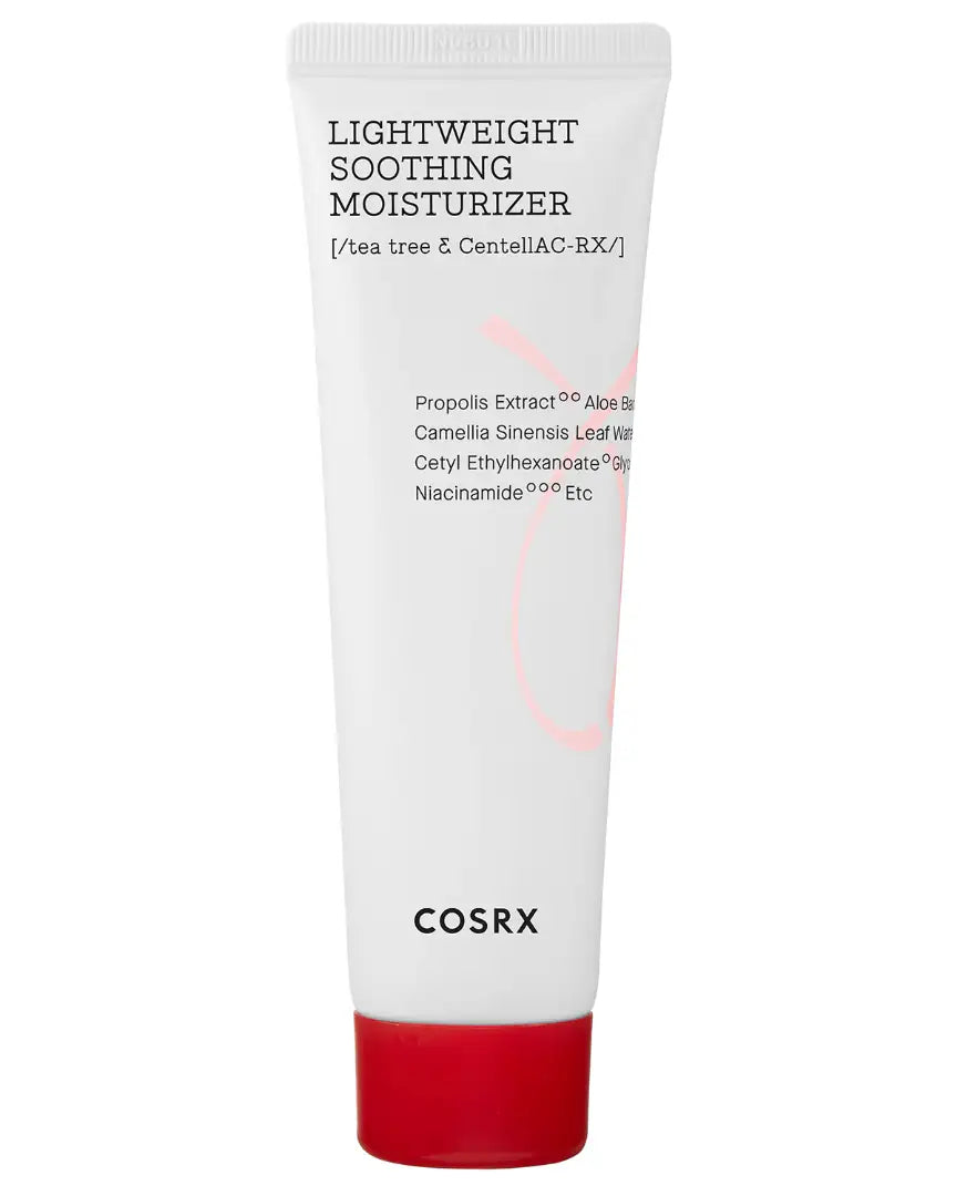 COSRX lichtgewicht kalmerende moisturizer in witte tube met rode dop