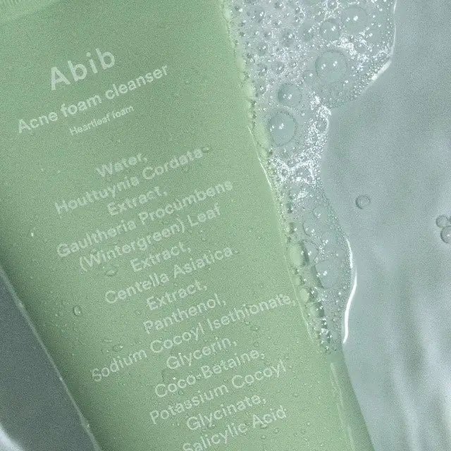 Abib Acne foam cleanser Heartleaf foam Groene schuimige reinigingsgel met bubbels en producttekst