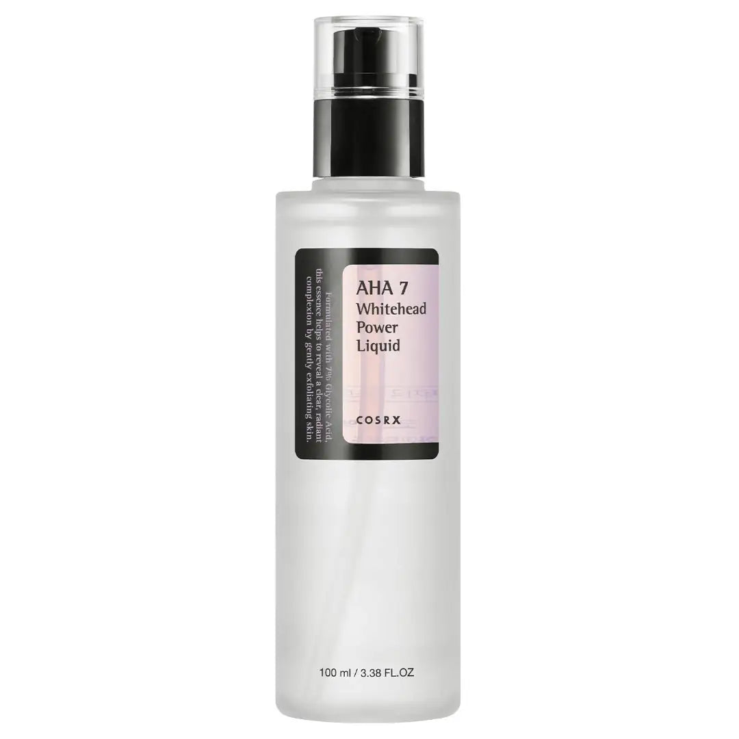 Gezichtsserumfles met zwarte pomp en etiket, COSRX AHA 7 Whitehead Liquid
