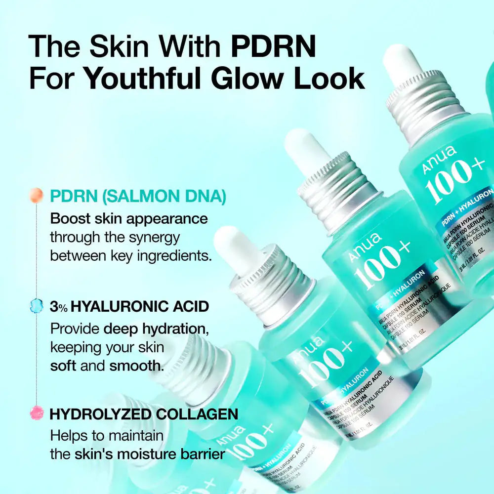 Anua PDRN Hyaluronic Acid Capsule 100 Serum Set turquoise serumsflesjes met pipetdop, Anua 100+ hyaluronzuur.