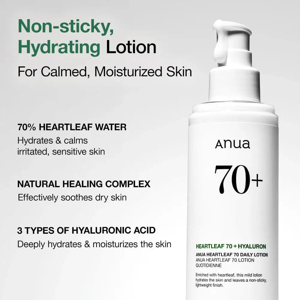 Anua Heartleaf 70% Daily Lotion Witte lotionpompflacon met “70+” label van Anua, staand