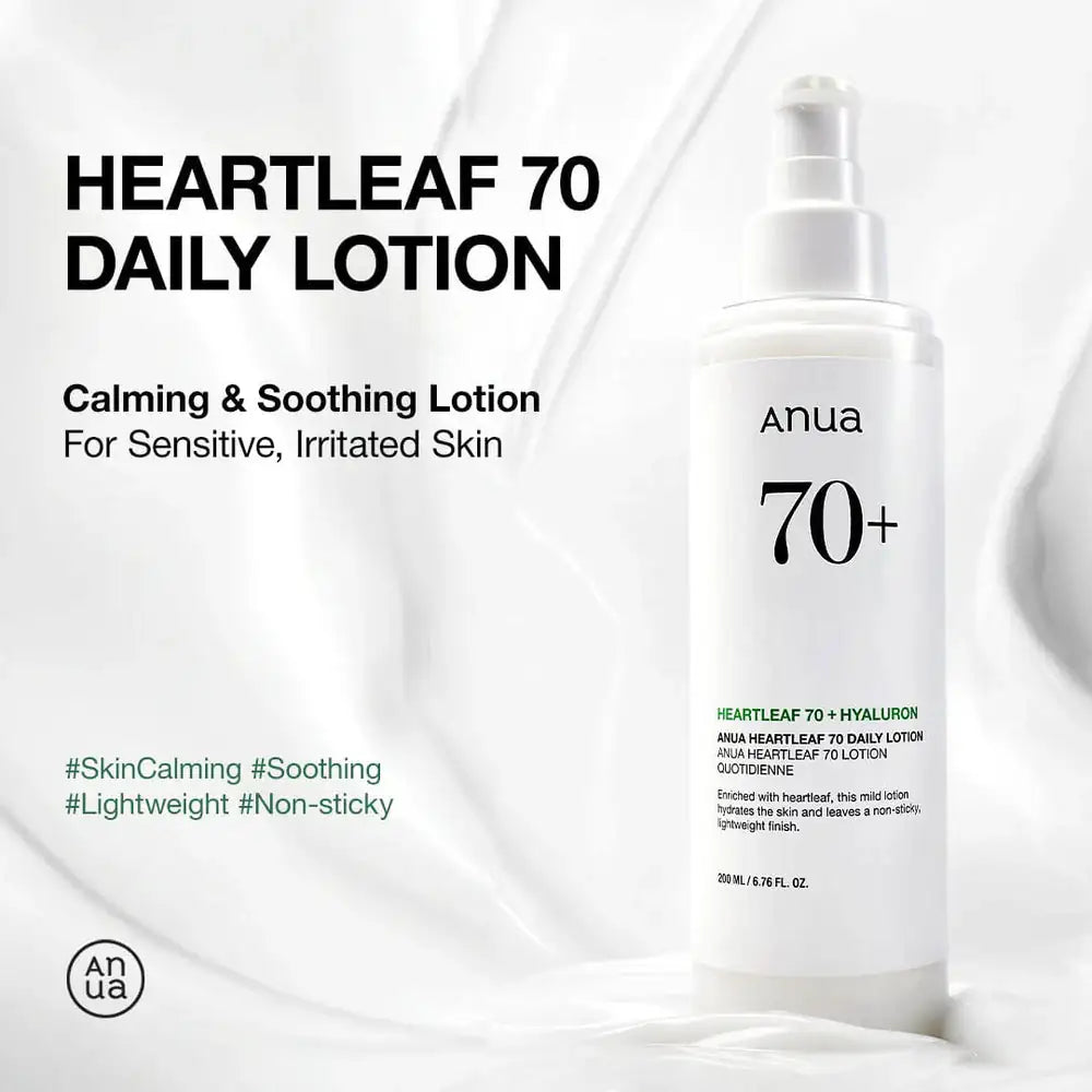Anua Heartleaf 70% Daily Lotion Witte lotionpompflacon van Anua met “70+” op het etiket